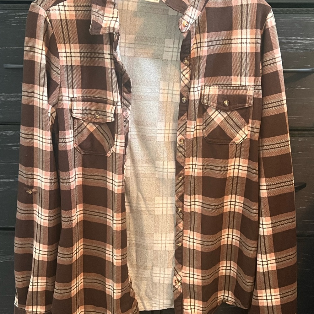 Brown and Pink flannel. Size Large from Passport.